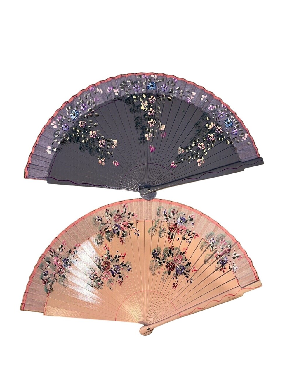Handpainted Wooden Foldable Hand Fans Pink Purple Flowers 17x9 Asian VINTAGE
